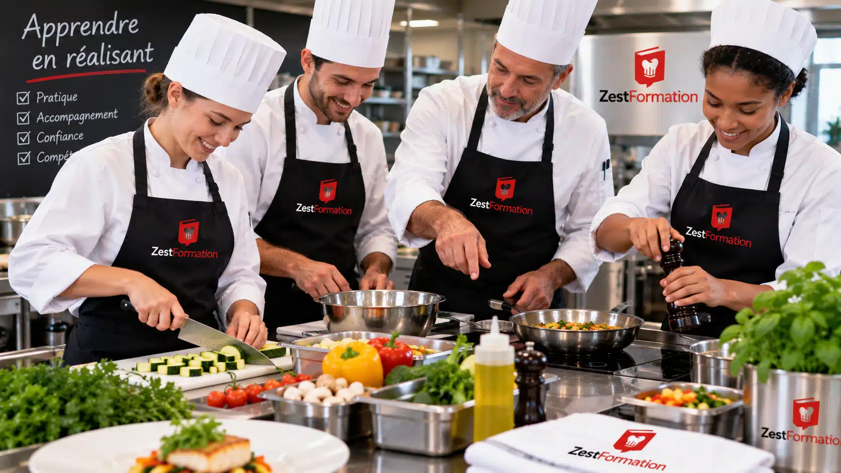 Formateur ZESTFORMATION accompagnant trois apprenants souriants lors d’un atelier pratique de cuisine