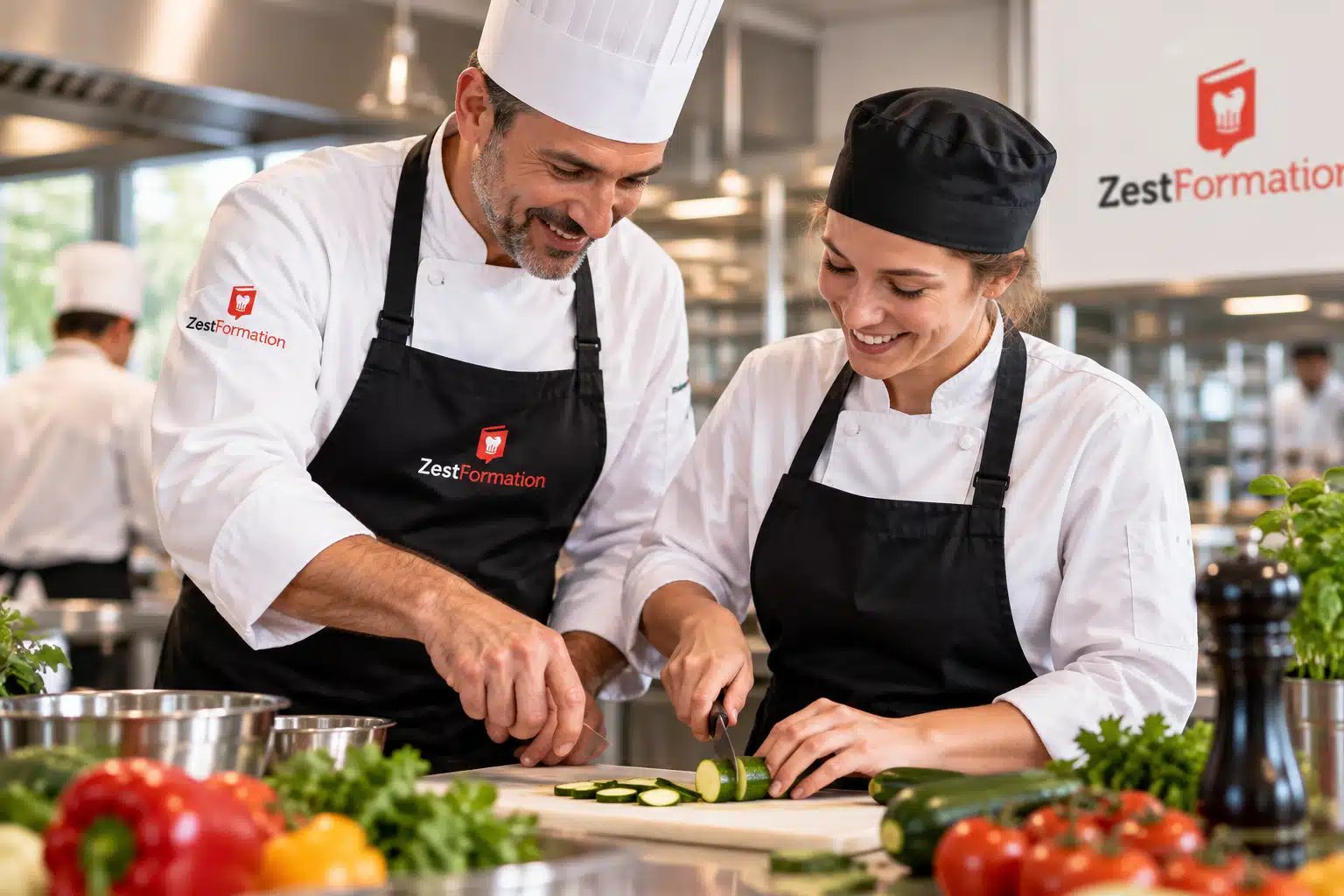Formateur ZESTFORMATION accompagnant une apprenante souriante dans la découpe de légumes en cuisine professionnelle