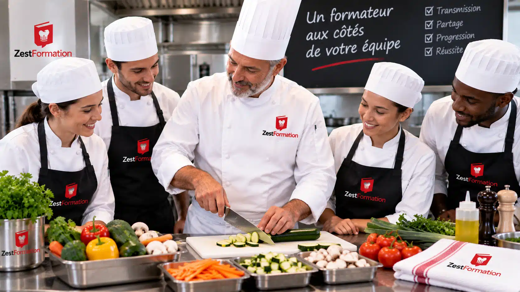 Un formateur montre un geste de découpe à quatre apprenants réunis autour d’un plan de travail