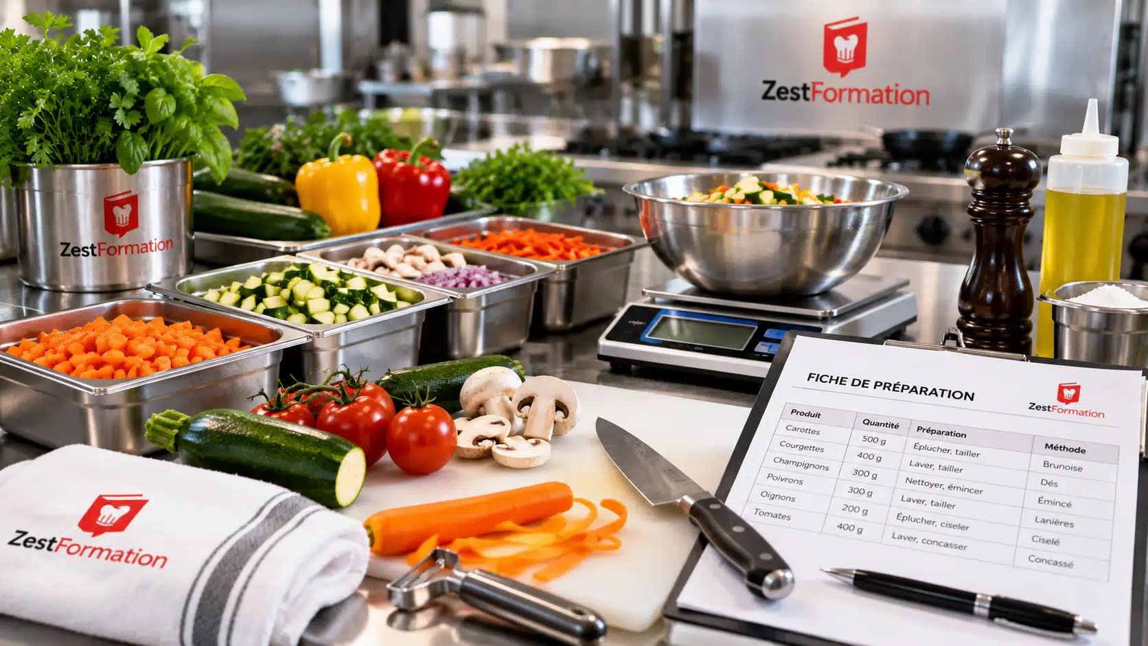 Poste de préparation avec légumes triés, bacs en inox, balance et fiche de préparation