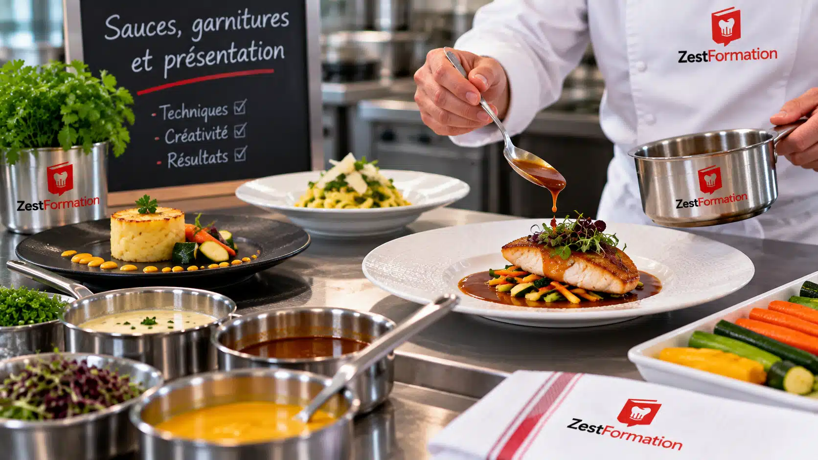 Chef dressant une assiette de poisson avec une sauce et des garnitures de légumes en cuisine professionnelle
