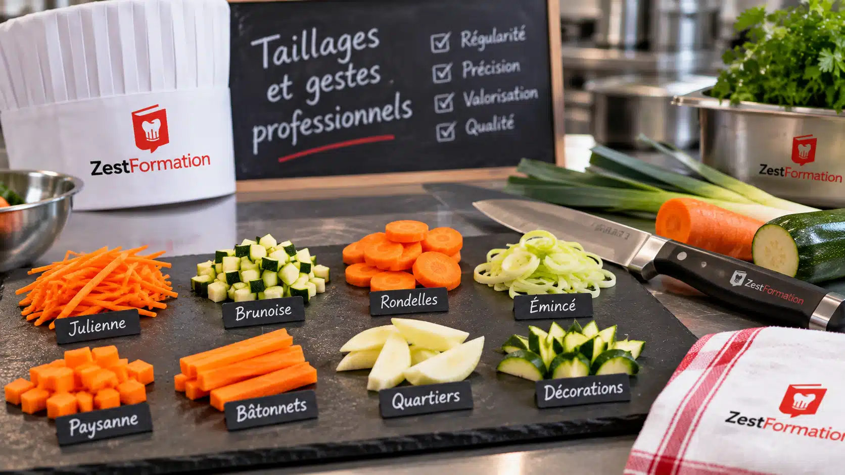 Présentation de différents taillages de légumes : julienne, brunoise, rondelles et bâtonnets