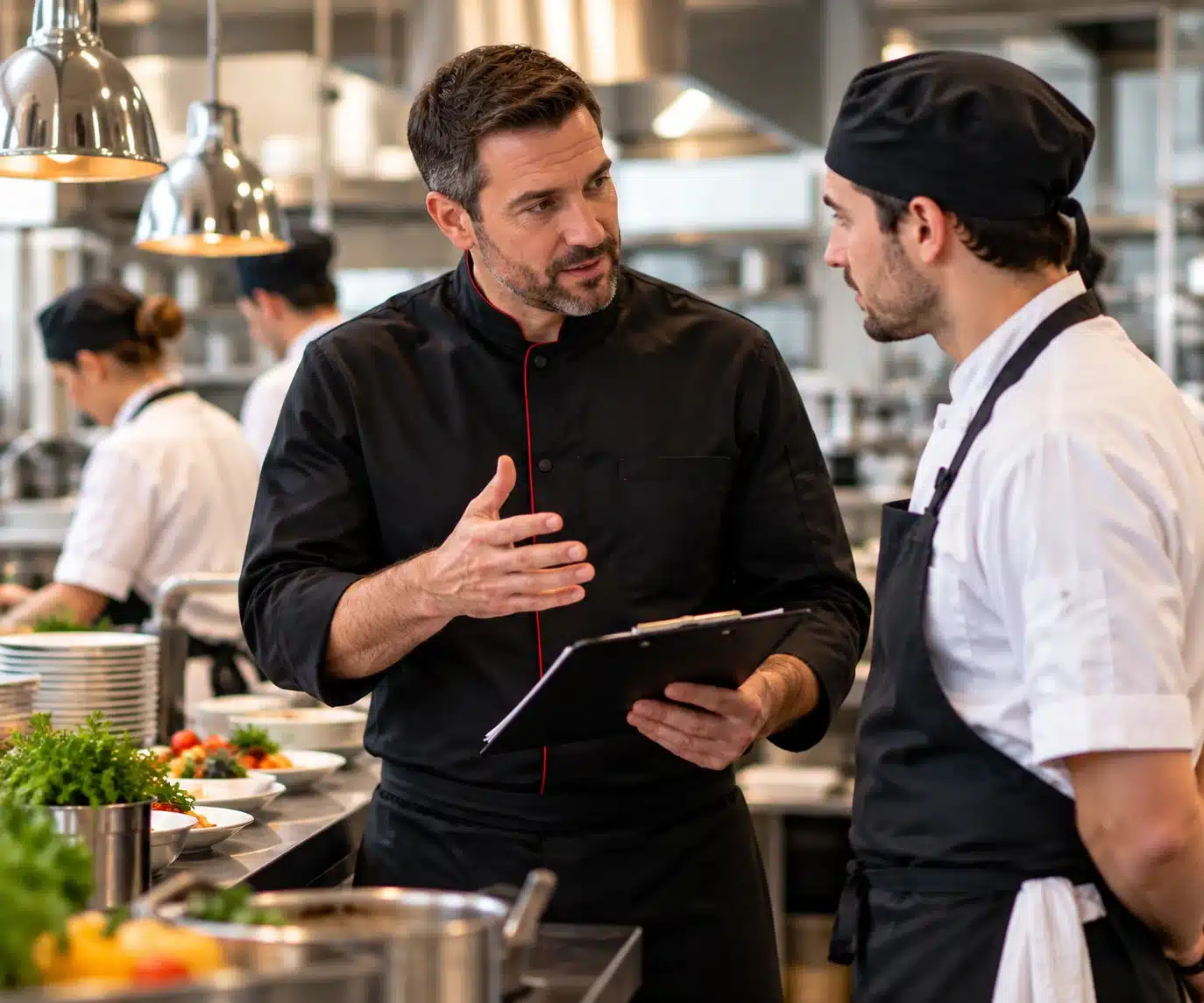 Management en restauration – Échange avec un collaborateur Responsable échangeant avec un collaborateur avant le service