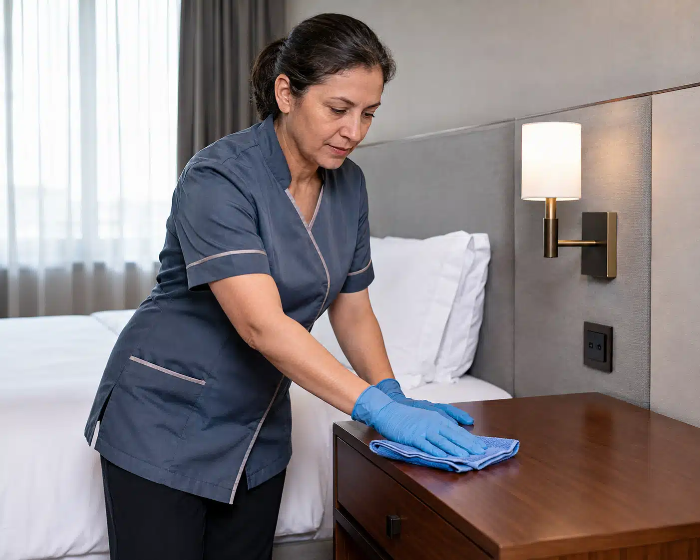 Femme de chambre nettoyant une table de chevet avec une lavette microfibre.