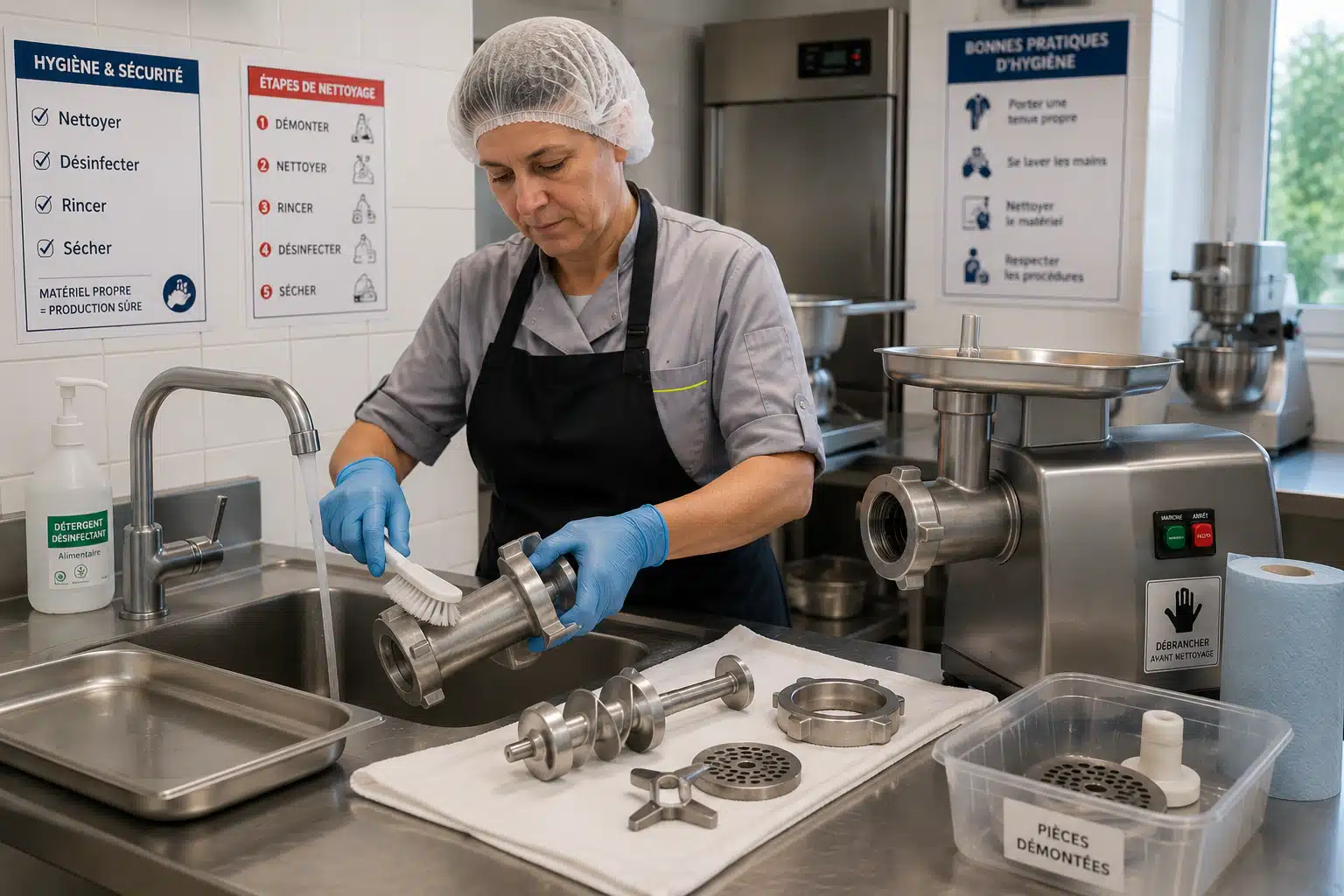 Nettoyage du hachoir et du mixeur en cuisine EHPAD