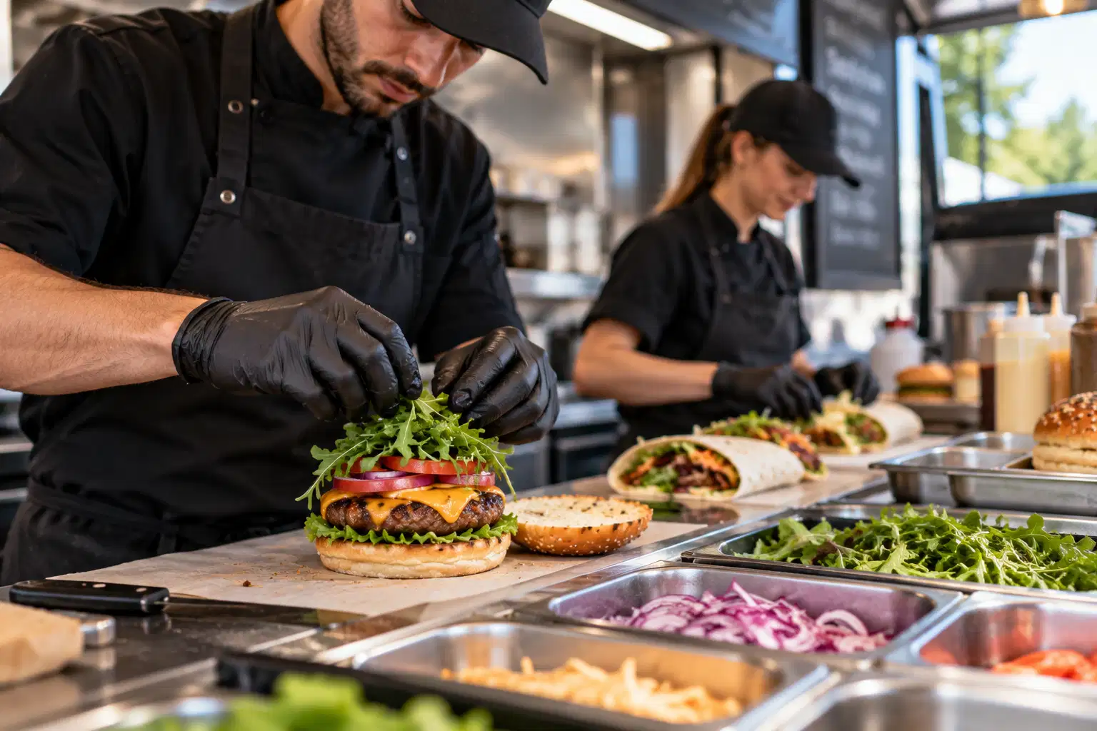 Préparation de burgers et wraps lors d’une formation snacking