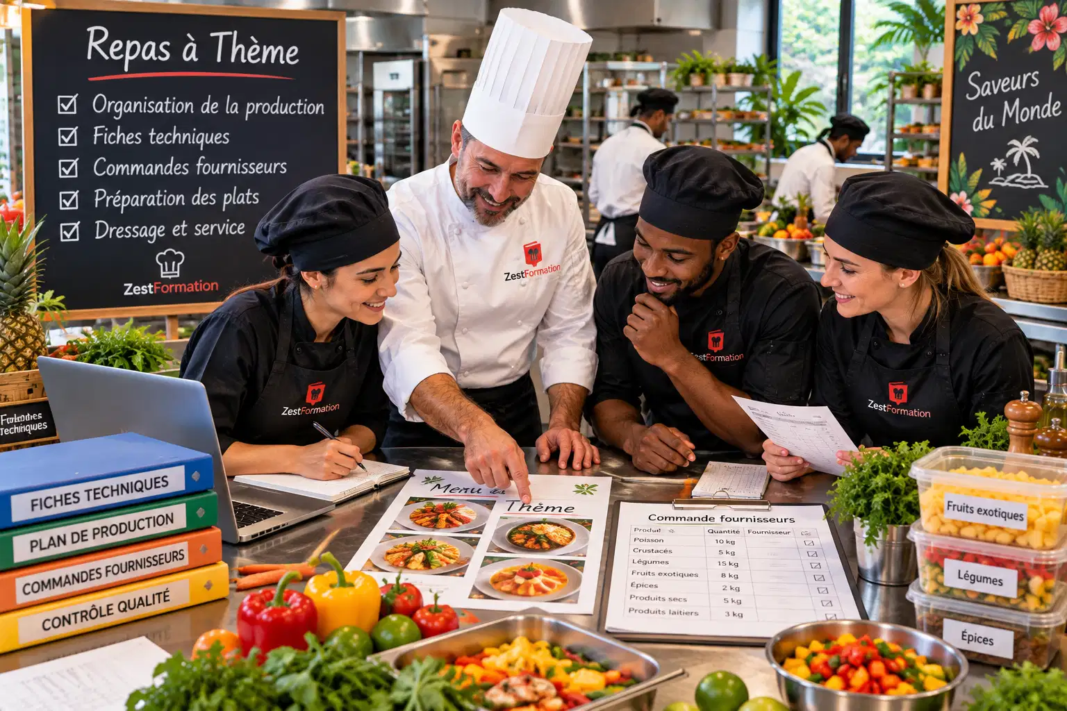Équipe de cuisine organisant la production avec fiches techniques et commandes fournisseurs