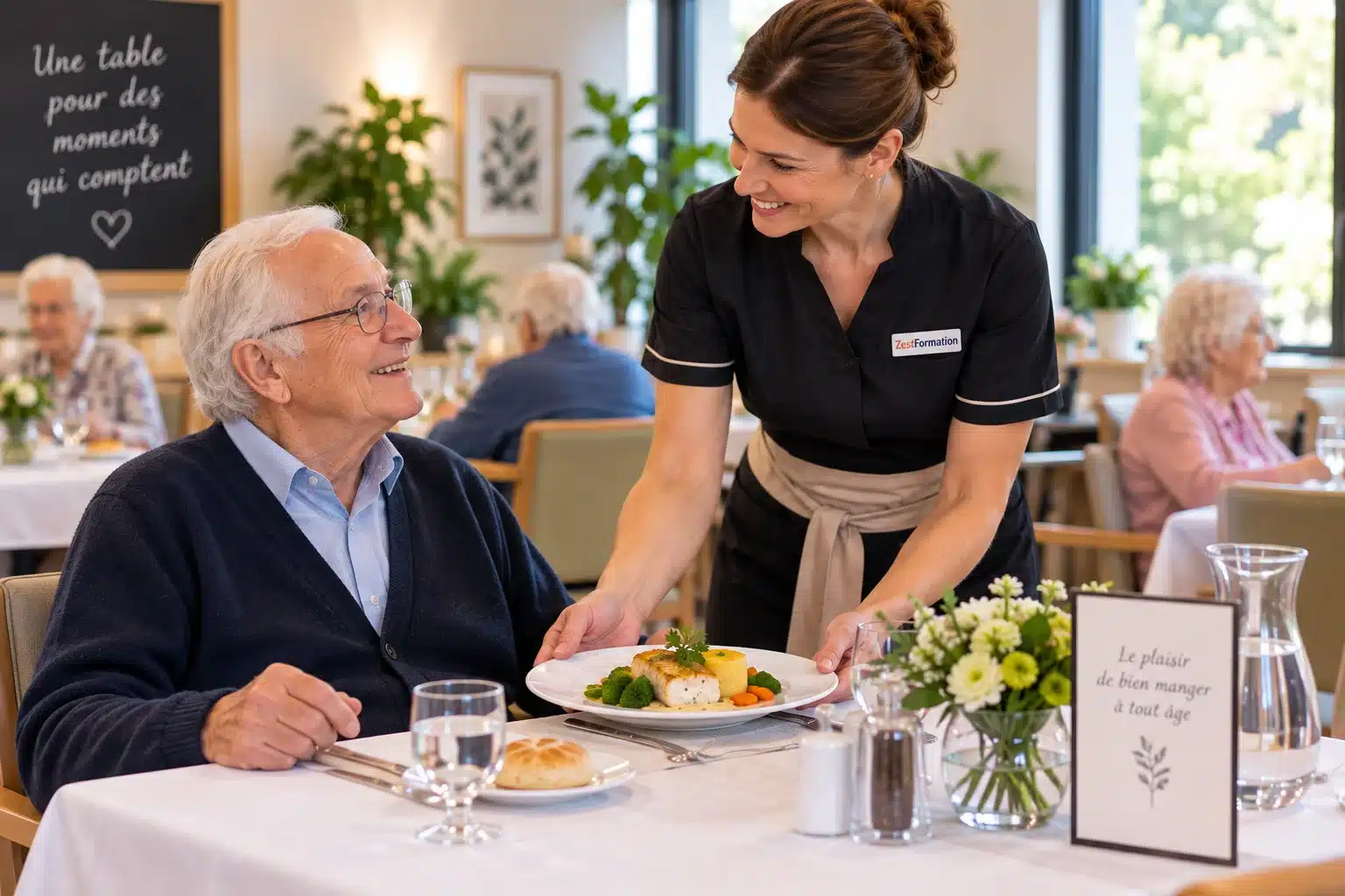 Échange entre un résident et une professionnelle de service pendant le repas en EHPAD