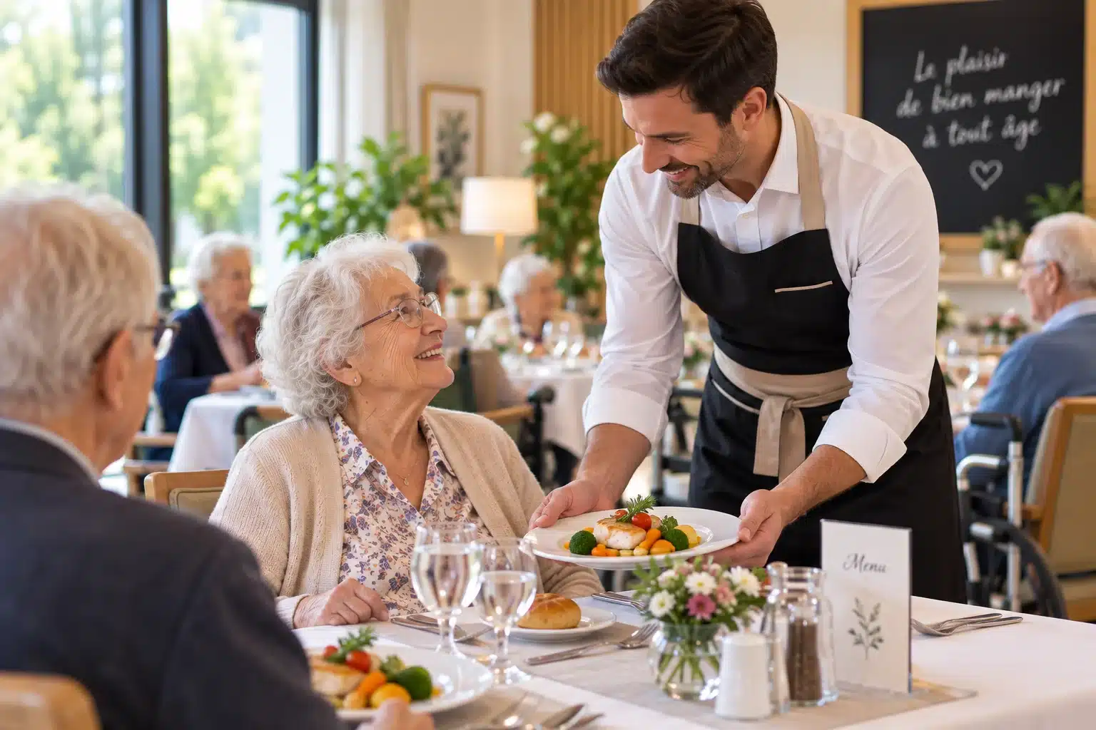 Professionnel réalisant un service à table soigné en EHPAD