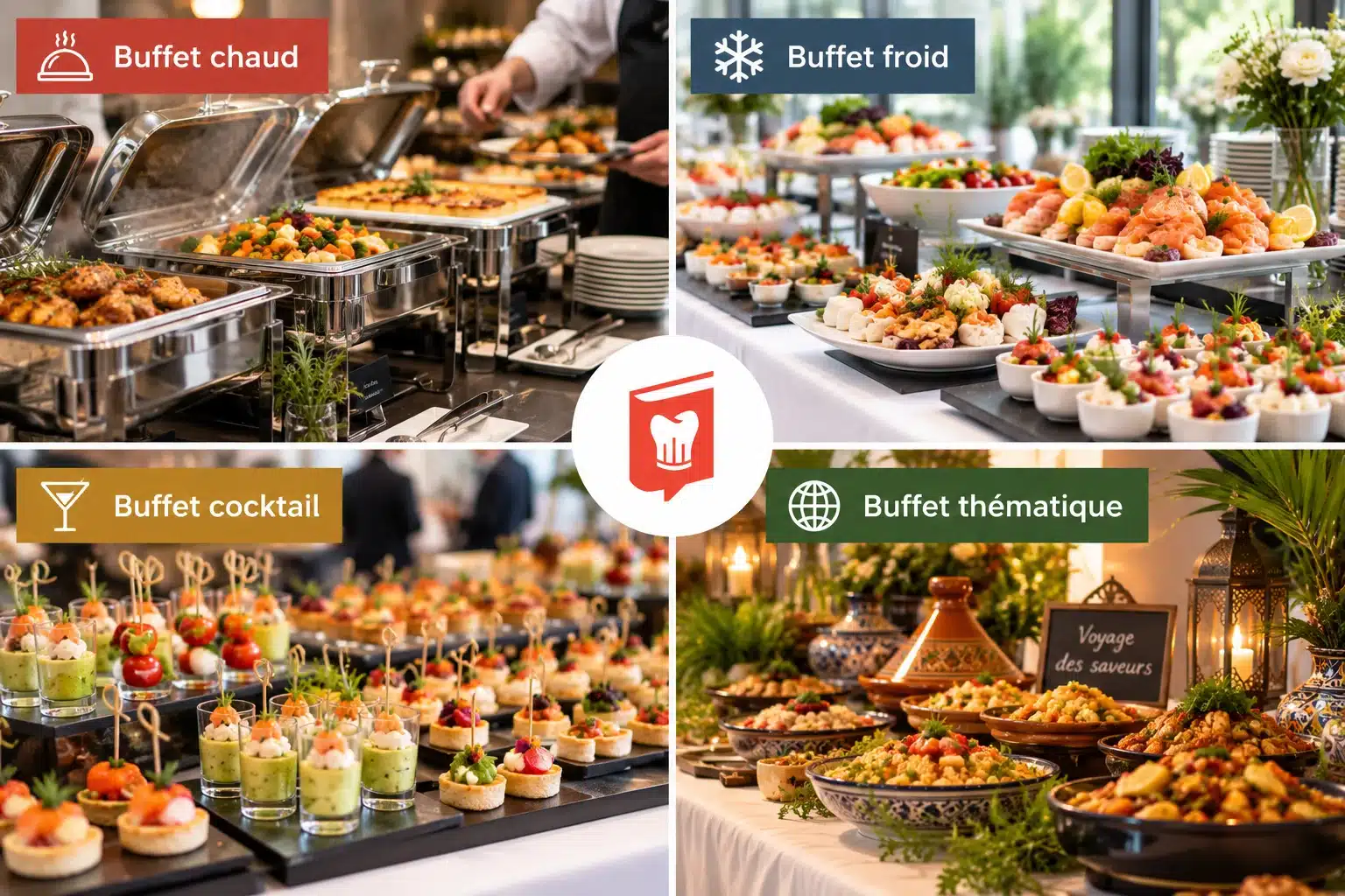 Différents styles de buffets : chaud, froid, cocktail et thématique